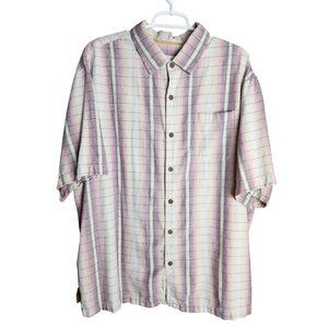 Tommy Bahama Hawaiian Shirt Men 2XB Silk Pink Purple Beige Striped Casual Size‎